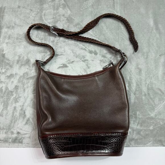 Vintage Brighton Bucket Crossbody‎ Shoulder Bag Brown Crocodile Embossed Trim - Picture 1 of 16